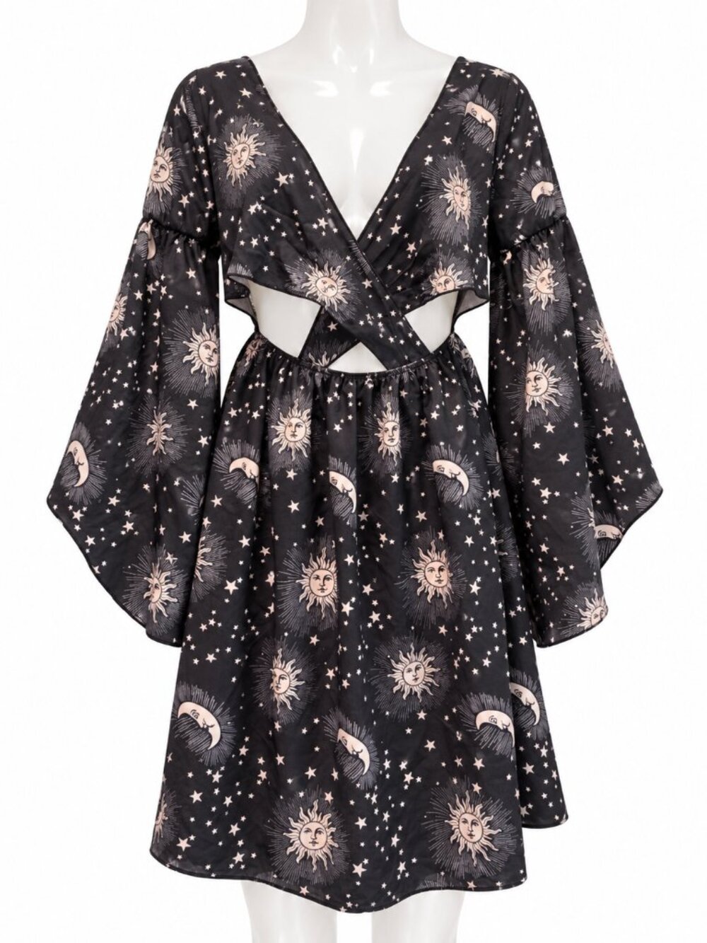 Romwe Celestial Sun Moon Star Cutout Mini Dress Bell Sleeve Size S